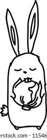 funny bunny keeps cabbage paws and gnaws at her with teeth. vector black and white illustration.