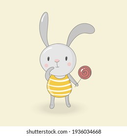 Funny bunny with lollipop. Cute character. Ideal for kids posters, cards, books, invitations. Can be used for  metrics, baby showers, birthday. For banners, flyers, blogs, web sites.