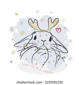 Funny bunny makes a face, year of the rabbit, handwritten inscription on the background of snowflakes, garland, holiday card