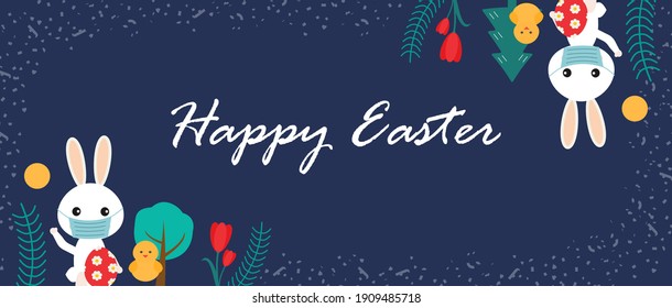 Funny bunny in medical face mask waving his hand . Happy Easter lettering. Covid-19 virus pandemic prevention during Easter concept. Vector