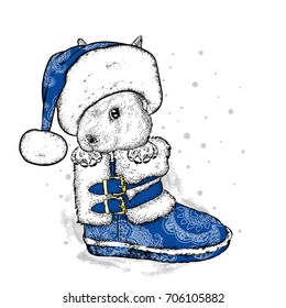 A funny bunny in a New Year's boot and Santa's hat. A vector illustration for a postcard or a poster, a print for clothes. New Year and Christmas, winter. Sweet rabbit.