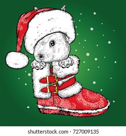 A funny bunny in a New Year's boot and Santa's hat. A vector illustration for a postcard or a poster, a print for clothes. New Year and Christmas, winter. Sweet rabbit.