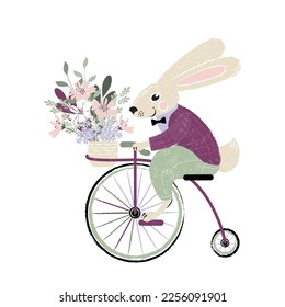 funny bunny on a bicycle with flowers. spring greeting with a rabbit. flat drawing with textures, watercolor and pencil. stock vector illustration. EPS 10.