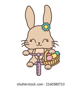 Funny bunny on a bike with easter eggs. Cute little illustration of rabbit for kids, baby book, fairy tales, covers, baby shower invitation, textile t-shirt. Vector illustration of a cute animal.