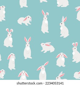 Funny bunny pets seamless pattern. Chinese new year symbol. White furry hares isolated. Cartoon cute easter characters rabbits for child print. Vector illustration of wallpaper with bunnies