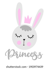 Funny Bunny Princess - Cute bunny drawing. Funny calligraphy for spring holiday, Easter egg hunt. Perfect for advertising, poster, announcement or greeting card. Beautiful white Rabbit. Baby pajamas.