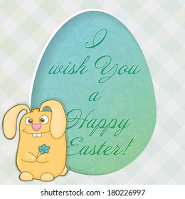 Funny bunny (rabbit) with flower in front of a  huge Easter egg with place for text on it, paper stylized, Easter greeting card