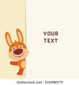 Funny bunny rabbit looks out from behind field for your text. Template for card, invitation or greeting.