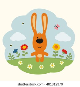 Funny bunny rabbit on flower field in cartoon style.