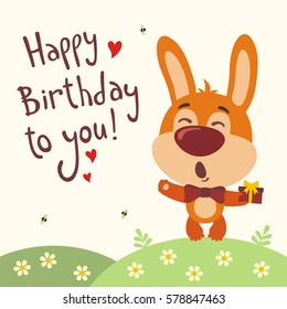 Funny bunny rabbit sings song Happy birthday to you! Greeting card in cartoon style.
