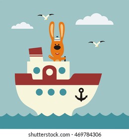 Funny bunny sailor on bridge of ship. 