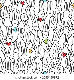 Funny bunny seamless pattern. Illustration of cute easter bunnies with easter eggs and hearts. Bright easter background for textile, fabric, covers, scrapbooking, wallpapers, print, gift wrapping
