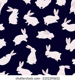 Funny bunny seamless pattern. Rabbits cartoon textile print, cute bunnies wallpaper. Pretty cartoon wild animals characters for kids, vector background