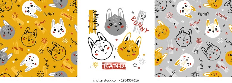 Funny Bunny. Set of Cute Rabbit Seamless Patterns and Poster. Childish Background with Little Easter Hares. Vector Baby Animals Drawing for Tee Print Design for Kids. Yellow, Gray and White Colors.