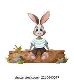 Der sonnige Hase sitzt auf einem Stein. Vektorgrafik im Cartoon-Stil. Tierwelt, Waldtiere. Einziger Hintergrund.
