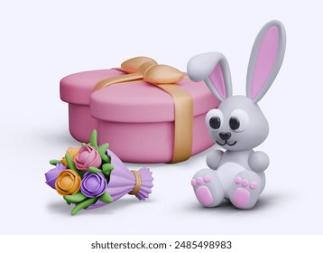 Funny bunny is sitting next to giant gift box. Realistic bouquet of flowers, toy, sweets