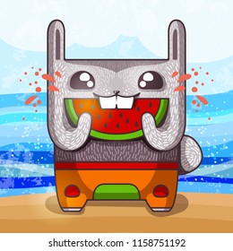 Funny bunny with with a slice of watermelon on the summer beach, vector illustration