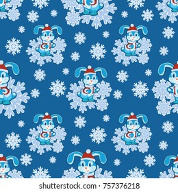 Funny bunny in snowflakes. Seamless pattern. Design for children's textiles and packaging materials, background image.