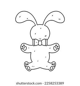 Funny bunny toy in hand drawn doodle style. Vector Illustration Isolated on white background. Coloring page.