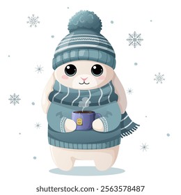 A funny bunny in a warm hat and scarf with a cup of hot tea. Rabbit in sweater with coffee cup on a background of snowflakes. A wonderful color illustration for print design, kids wear, book design