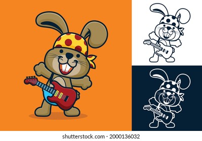 Funny bunny wearing bandana while playing guitar. Vector cartoon illustration in flat icon style