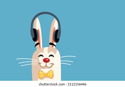 
Funny Bunny Wearing Headphones Vector Cartoon Illustration. White Easter rabbit enjoying a podcast listening to a radio show
