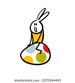 Funny bunny white rabbit sits on the big spotted Easter egg. Vector doodle illustration of stick  figure traditional holday hare and eggs hunting.