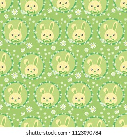 Funny bunny in a wreath of flowers, Seamless vector illustration with cute characters, vintage style