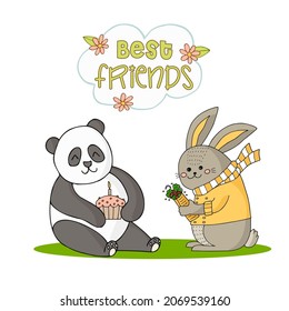 Funny bunny in a yellow jacket and striped scarf with shawarma and a panda with a cupcake. Hand-drawn doodle illustration. Best Friends.