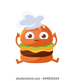 Funny burger with big eyes sitting wearing in a chef hat. Cute cartoon fast food emoji character vector Illustration