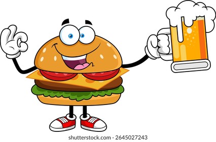 Funny Burger Cartoon Character Holding Beer Mug and Making OK Hand Sign – Vector Hand Drawn Illustration Isolated On Transparent Background