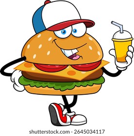 Engraçado Burger Personagem de Desenho Animado Segurando Suave Bebida e Sorridente - Mão Vetor Desenhado Ilustração Isolado No Fundo Transparente