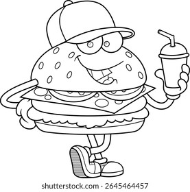 Funny Burger Cartoon Character Holding Soft Drink and Smiling – Black and White Vector Hand Drawn Illustration Isolated On Transparent Background