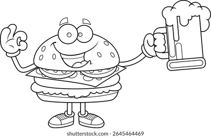 Funny Burger Cartoon Character Holding Beer Mug and Making OK Hand Sign – Black and White Vector Hand Drawn Illustration Isolated On Transparent Background