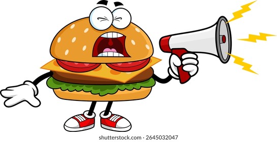 Engraçado Burger Personagem De Desenho Animado Gritando Através De Megafone - Mão Vetor Desenhado Ilustração Isolada No Fundo Transparente