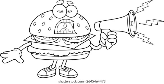 Engraçado Burger Cartoon Personagem gritando através de Megafone - preto e branco vetor mão desenhado ilustração isolada no fundo transparente
