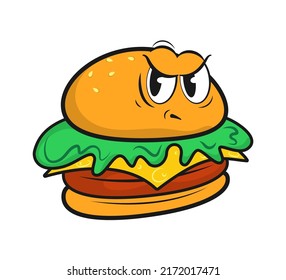 Der lustige Burger, Cartoon-Retro-Charaktere, Sticker, Emotionen mit lustigen Gesichtern. Abstrakte Vektorgrafiken für Poster, Postkarte, Banner