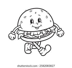 Funny burger character, cartoon character . Black and white coloring book , line art. Vintage street food hamburger street food mascot vector illustration. Nostalgia of 60s, 70s, 80s.