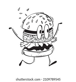 Funny Burger character. Doodle Hand drawn illustration.