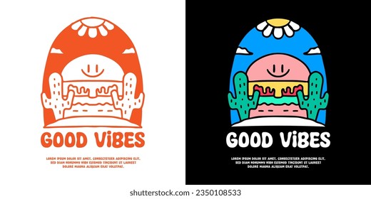 Funny burger character with good vibes typography, illustration for logo, t-shirt, sticker, or apparel merchandise. With doodle, retro, groovy, and cartoon style.