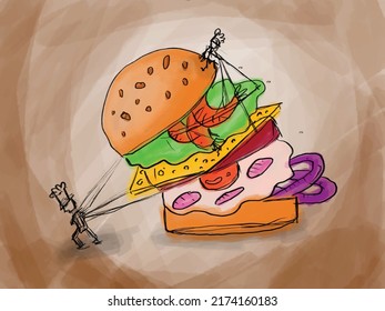 Carácter divertido de hamburguesa. Buena comida rápida. con fondo abstracto