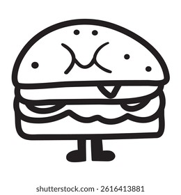 Funny burger. Character. Outline vector illustration on white background