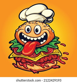 Funny burger chef logo mascot Vector illustrations for your work merchandise t-shirt, stickers and Label designs, poster, greeting cards advertising business company or brands.