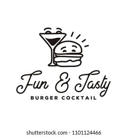 Funny Burger and Cocktail logo design inspiration with Hipster Line Art Drawing style 