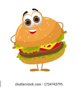 Funny Burger with eyes on white background, funny products series, flat vector illustration