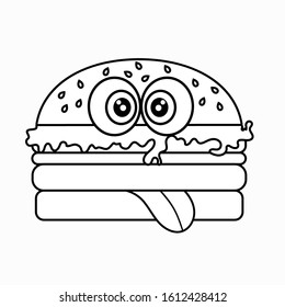 Funny burger with eyes and tongue is drawn in black on a white background.