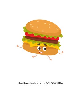 Funny burger fast food kids menu character, cartoon style vector illustration isolated on white background. Funny cheese, beef burger character with eyes, legs, and a wide smile