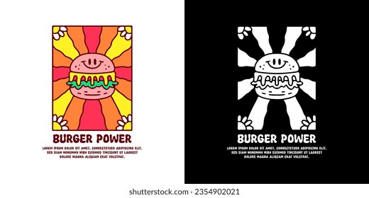 Funny burger in groovy background with burger power typography, illustration for logo, t-shirt, sticker, or apparel merchandise. With doodle, retro, groovy, and cartoon style.