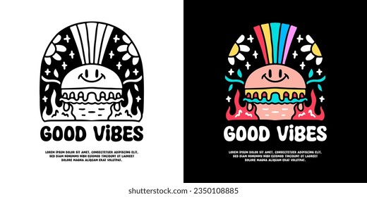 Funny burger and groovy element with good vibes typography, illustration for logo, t-shirt, sticker, or apparel merchandise. With doodle, retro, groovy, and cartoon style.