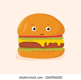 Funny burger with happy face. Cute hamburger with eyes and smile. Fast food character, sweet cheeseburger with bun head, mustard sauce and meat. Flat cartoon vector illustration of fastfood